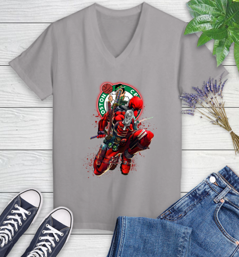 NBA Deadpool Marvel Comics Sports Basketball Boston Celtics Women's V-Neck T-Shirt 4