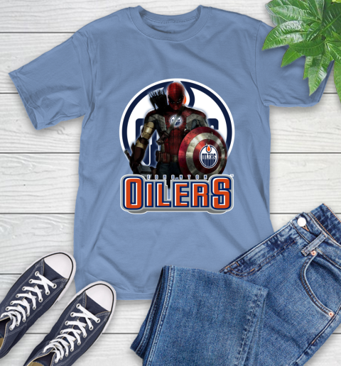 NHL Captain America Thor Spider Man Hawkeye Avengers Endgame Hockey Edmonton Oilers T-Shirt 11