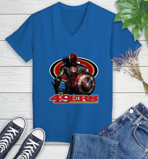 NFL Captain America Thor Spider Man Hawkeye Avengers Endgame Football San Francisco 49ers Women's V-Neck T-Shirt 10
