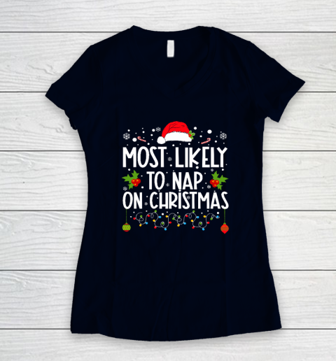 Most Likely To Nap On Christmas Family Christmas Pajamas Women's V-Neck T-Shirt 2