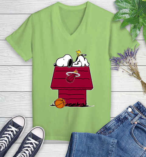 Miami Heat NBA Basketball Snoopy Woodstock The Peanuts Movie Women's V-Neck T-Shirt 11