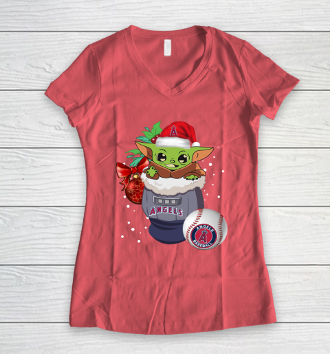 Los Angeles Angels Christmas Baby Yoda Star Wars Funny Happy MLB Women's V-Neck T-Shirt 6