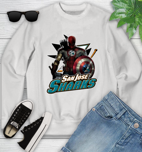 NHL Captain America Thor Spider Man Hawkeye Avengers Endgame Hockey San Jose Sharks Youth Sweatshirt