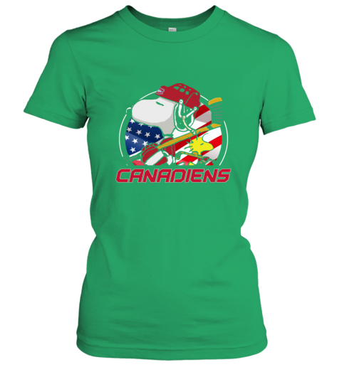 lshm montreal canadienssnoopy and woodstock nhl ladies t shirt 20 front irish green