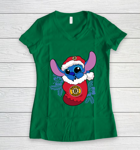 Boston Bruins Christmas Stitch In The Sock Funny Disney NHL Women's V-Neck T-Shirt 5