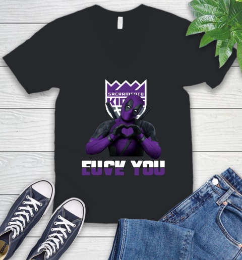 NBA Sacramento Kings Deadpool Love You Fuck You Basketball Sports V-Neck T-Shirt