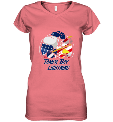 Tampa Bay lightning Snoopy And Woodstock NHL mmoq tampa bay lightningsnoopy and woodstock nhl women v neck t shirt 39 front coral