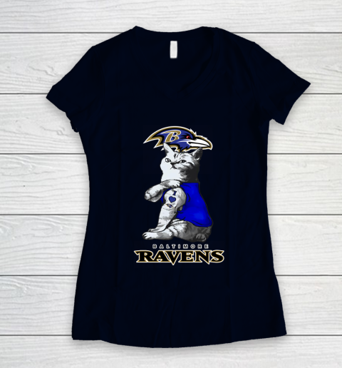 NFL Football My Cat Loves Baltimore Ravens Women's V-Neck T-Shirt 2
