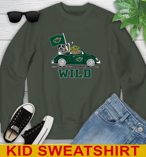 NHL Hockey Minnesota Wild Darth Vader Baby Yoda Driving Star Wars Shirt Youth Sweatshirt 9
