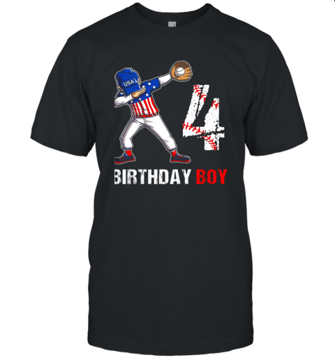 Kids 4 Years Old 4th Birthday Baseball Dabbing Shirt Gift Party Unisex Jersey Tee