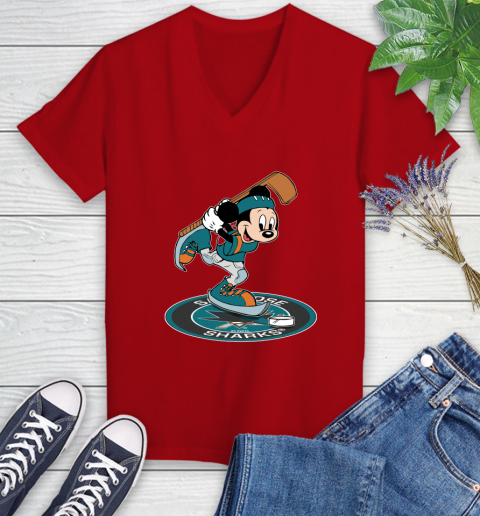 NHL Hockey San Jose Sharks Cheerful Mickey Disney Shirt Women's V-Neck T-Shirt 10