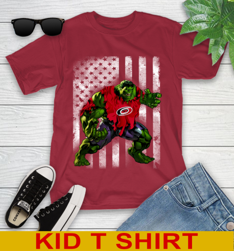 Carolina Hurricanes Hulk Marvel Avengers NHL Hockey American Flag Youth T-Shirt 12