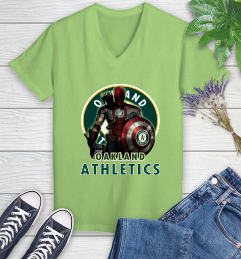 MLB Captain America Thor Spider Man Hawkeye Avengers Endgame Baseball Oakland Athletics Women's V-Neck T-Shirt 11