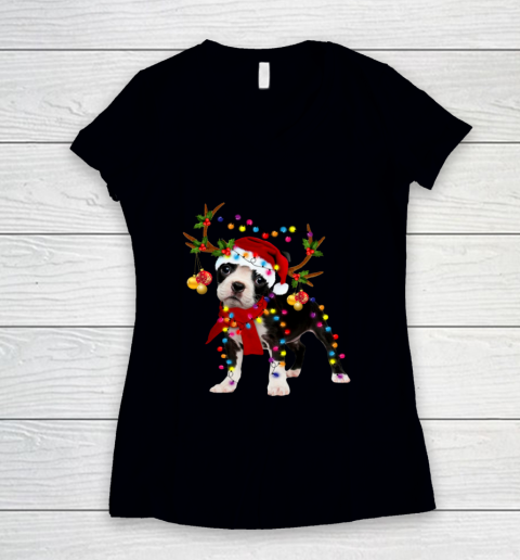 Santa Boston terrier reindeer Light Christmas gifts Women's V-Neck T-Shirt
