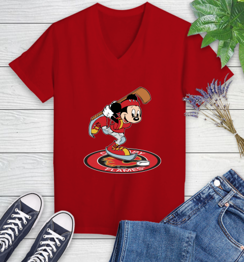 NHL Hockey Calgary Flames Cheerful Mickey Disney Shirt Women's V-Neck T-Shirt 10