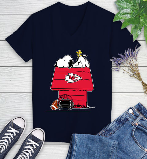 Kansas City Chiefs NFL Football Snoopy Woodstock The Peanuts Movie Women's V-Neck T-Shirt 3