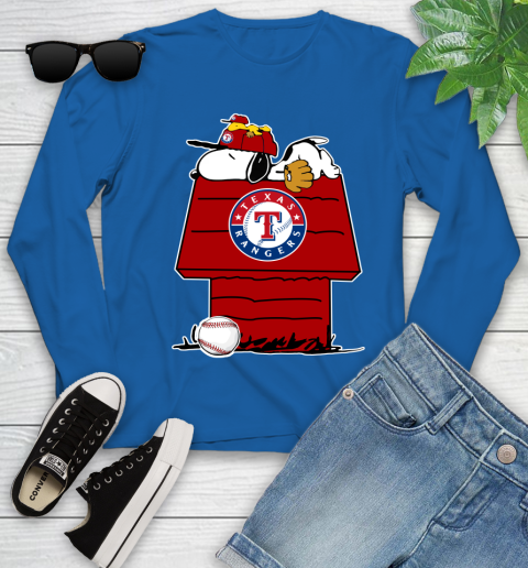 MLB Texas Rangers Snoopy Woodstock The Peanuts Movie Baseball T Shirt Youth Long Sleeve 9