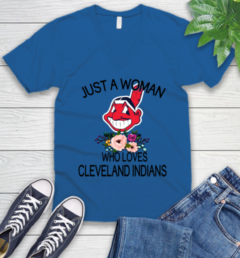 MLB Just A Woman Who Loves Cleveland Indians Baseball Sports V-Neck T-Shirt 3