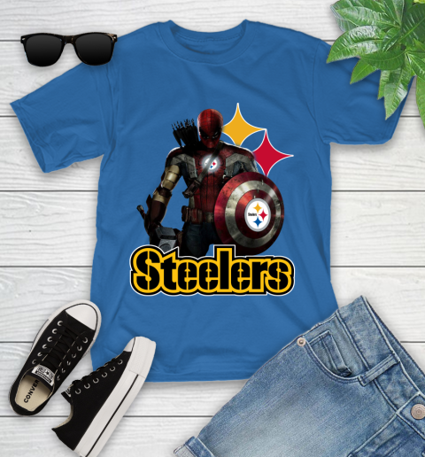 NFL Captain America Thor Spider Man Hawkeye Avengers Endgame Football Pittsburgh Steelers Youth T-Shirt 21