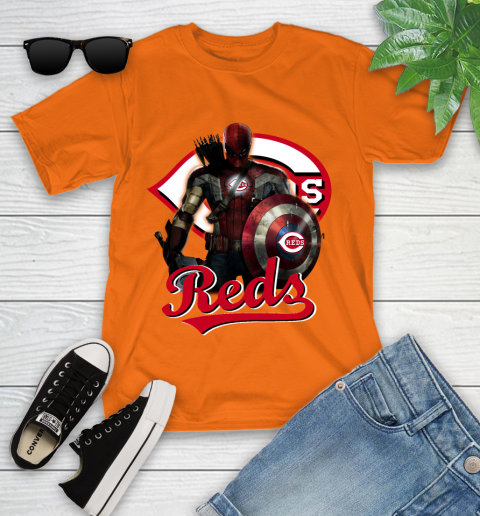 MLB Captain America Thor Spider Man Hawkeye Avengers Endgame Baseball Cincinnati Reds Youth T-Shirt 7