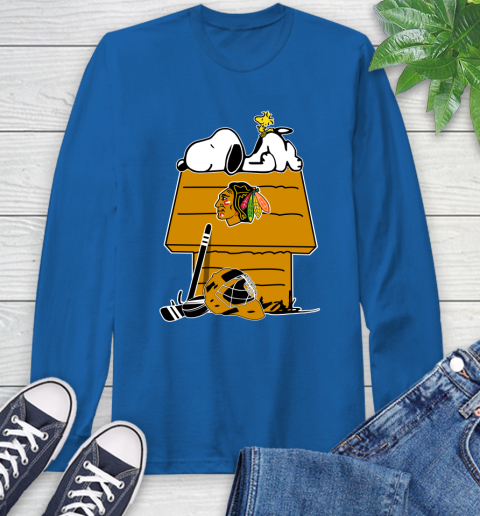 Chicago Blackhawks NHL Hockey Snoopy Woodstock The Peanuts Movie Long Sleeve T-Shirt 9