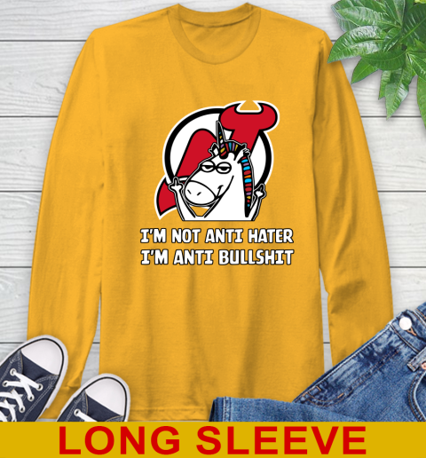 New Jersey Devils NHL Hockey Unicorn I'm Not Anti Hater I'm Anti Bullshit Long Sleeve T-Shirt 3