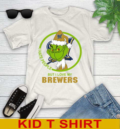 Milwaukee Brewers MLB Christmas Grinch I Hate People But I Love My Favorite Baseball Team Youth T-Shirt
