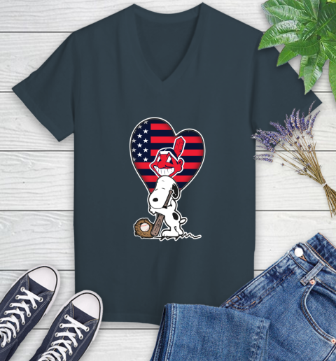 Cleveland Indians MLB Baseball The Peanuts Movie Adorable Snoopy Women's V-Neck T-Shirt 8