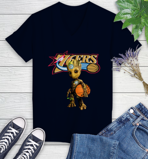 Philadelphia 76ers NBA Basketball Groot Marvel Guardians Of The Galaxy Women's V-Neck T-Shirt 3