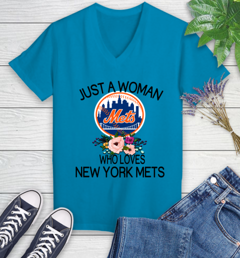 MLB Just A Woman Who Loves New York Mets Baseball Sports Women's V-Neck T-Shirt 4