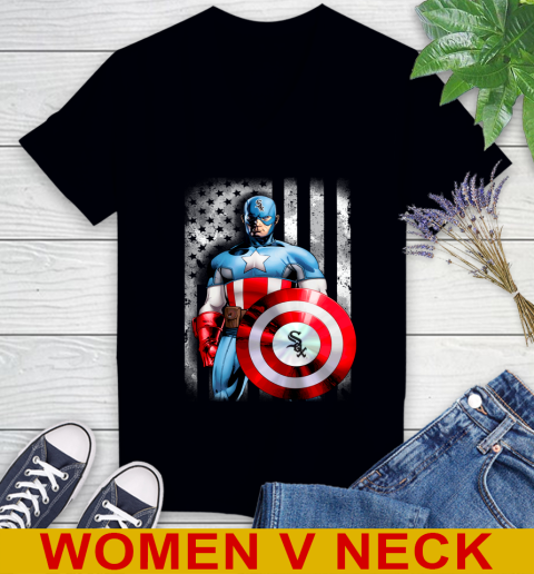 Chicago White Sox MLB Baseball Captain America Marvel Avengers American Flag Shirt Women's V-Neck T-Shirt