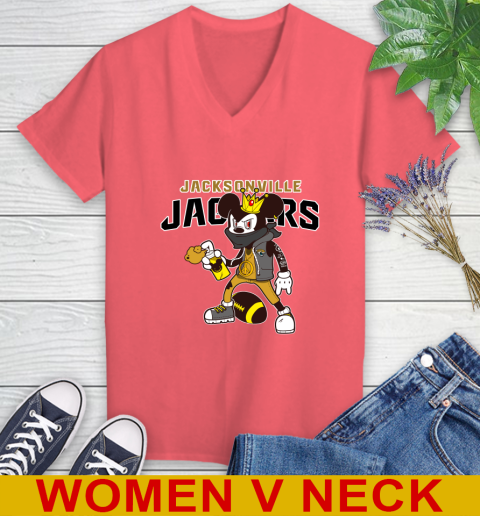 Jacksonville Jaguars NFL Football Mickey Peace Sign Sports Women's V-Neck T-Shirt 7