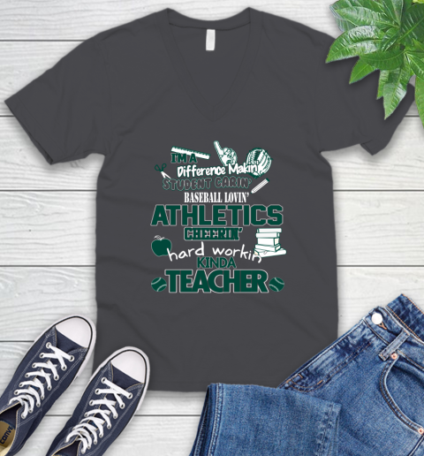 Oakland Athletics MLB I'm A Difference Making Student Caring Baseball Loving Kinda Teacher V-Neck T-Shirt 4