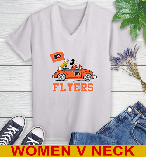 NHL Hockey Philadelphia Flyers Pluto Mickey Driving Disney Shirt Women's V-Neck T-Shirt