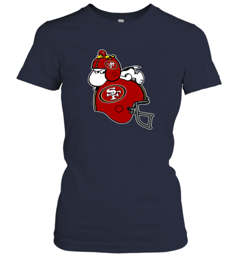two7 snoopy and woodstock resting on san francisco 49ers helmet ladies t shirt 20 front navy