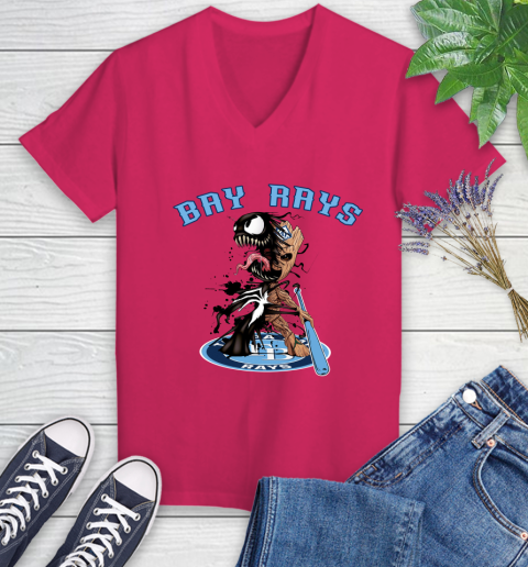 MLB Tampa Bay Rays Baseball Venom Groot Guardians Of The Galaxy Women's V-Neck T-Shirt 9