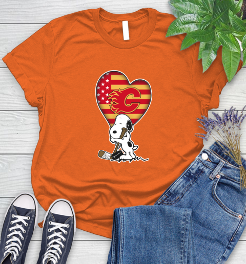 Calgary Flames NHL Hockey The Peanuts Movie Adorable Snoopy Women's T-Shirt 4