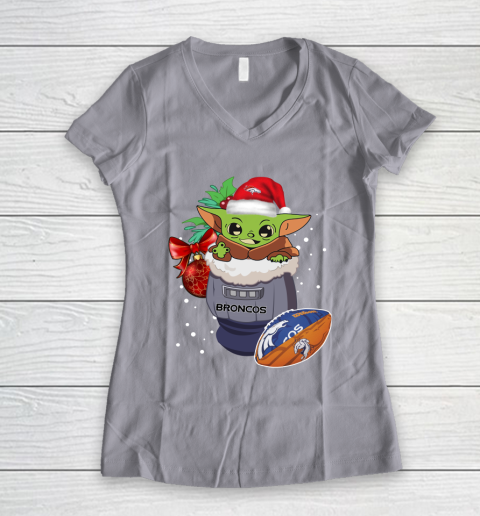 Denver Broncos Christmas Baby Yoda Star Wars Funny Happy NFL Women's V-Neck T-Shirt 4