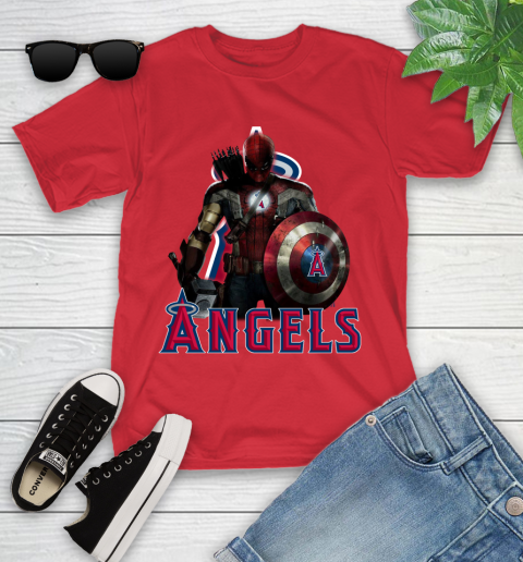 MLB Captain America Thor Spider Man Hawkeye Avengers Endgame Baseball Los Angeles Angels Youth T-Shirt 10