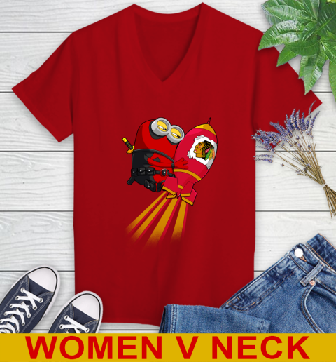 NHL Hockey Chicago Blackhawks Deadpool Minion Marvel Shirt Women's V-Neck T-Shirt 10