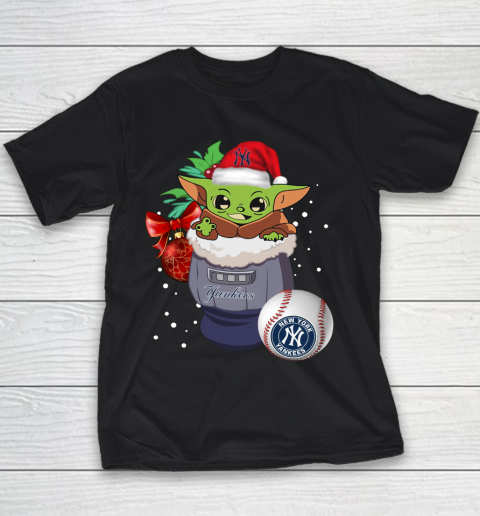 New York Yankees Christmas Baby Yoda Star Wars Funny Happy MLB Youth T-Shirt 2