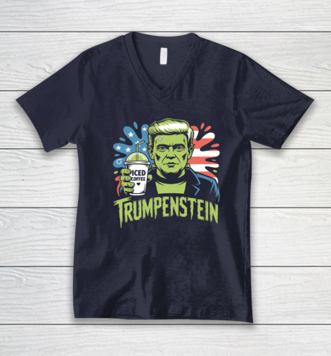 Trumpenstein Funny Iced Coffee Drink Halloween 4th of July USA Flag V-Neck T-Shirt 2