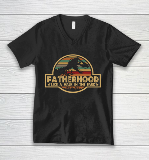 Fatherhood Like A Walk In The Park Retro Vintage T Rex Dinosaur Father's Day For Dad V-Neck T-Shirt