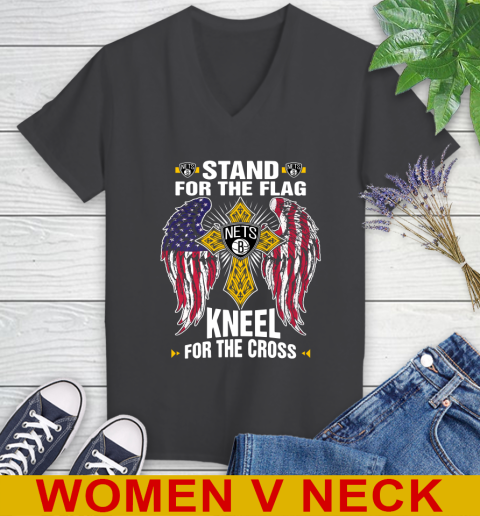 NBA Basketball Brooklyn Nets Stand For Flag Kneel For The Cross Shirt Women's V-Neck T-Shirt 8