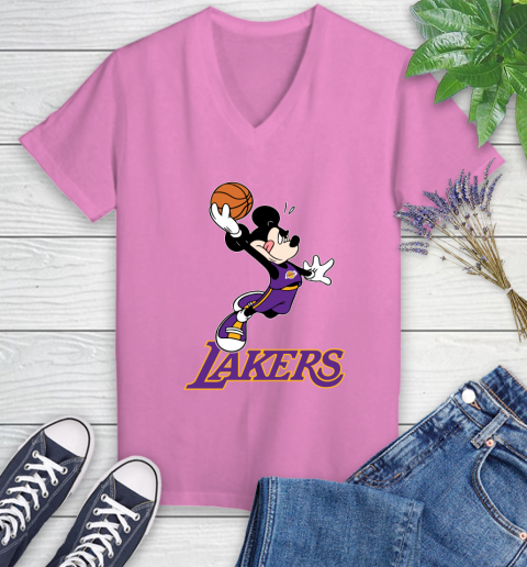 NBA Basketball Los Angeles Lakers Cheerful Mickey Mouse Shirt Women's V-Neck T-Shirt 12