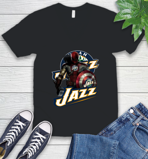 Utah Jazz NBA Basketball Captain America Thor Spider Man Hawkeye Avengers V-Neck T-Shirt 2