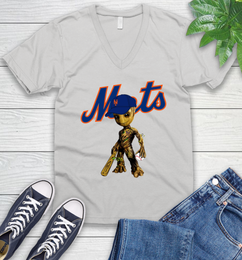 MLB New York Mets Groot Guardians Of The Galaxy Baseball V-Neck T-Shirt