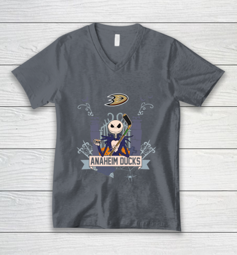 NHL Anaheim Ducks Hockey Jack Skellington Halloween V-Neck T-Shirt 4