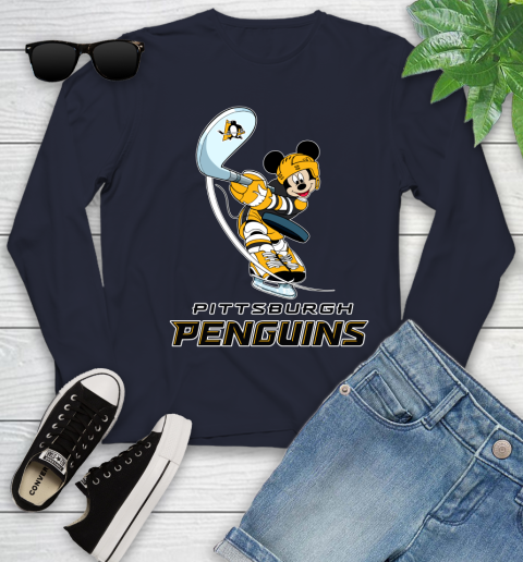 NHL Hockey Pittsburgh Penguins Cheerful Mickey Mouse Shirt Youth Long Sleeve 3