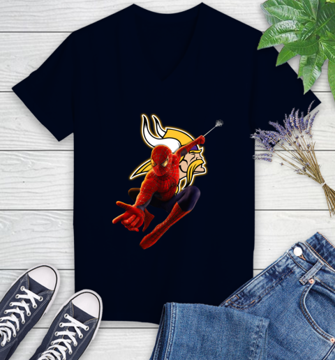 NFL Spider Man Avengers Endgame Football Minnesota Vikings Women's V-Neck T-Shirt 3